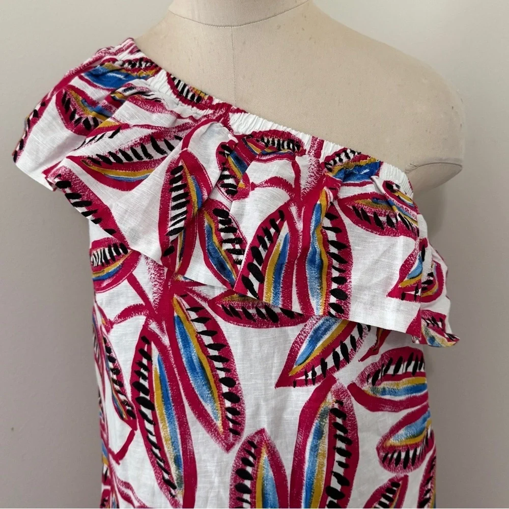 J Crew XS One Shoulder Ruffled Linen Mini Dress ~ Tropical Vacation Resort Beach
